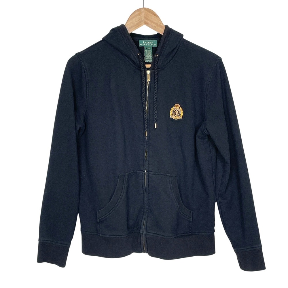 Lauren Ralph Lauren Black Gold Crest Zip Hoodie Sweatshirt Women M Sporty Preppy